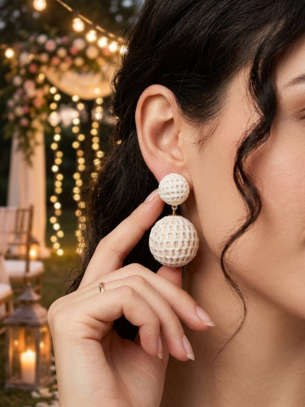 Tuckernuck Cream Crochet Netting Lantern Drop Earrings Boho Sphere Dangles 1178